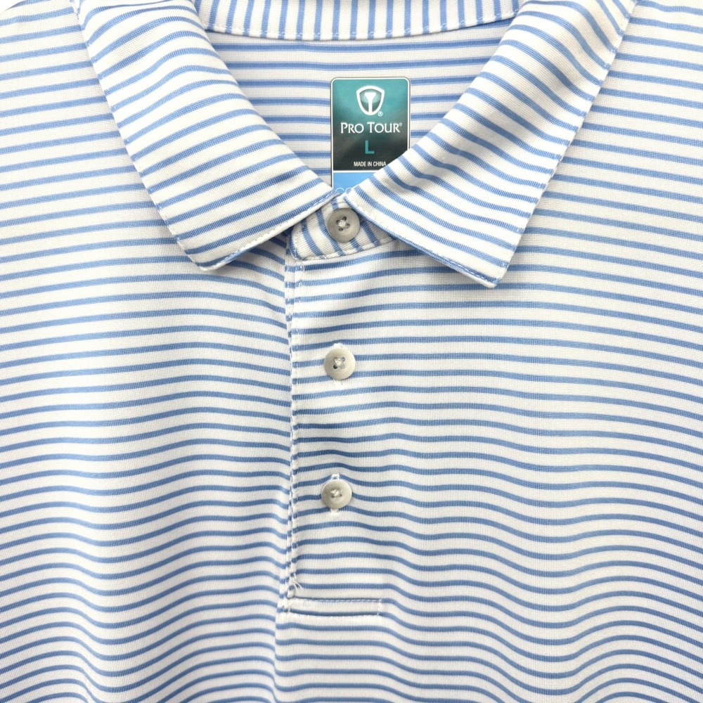Pro Tour Mens Large Blue White Striped Coolplay Golf Polo Shirt Short Sleeve‎ L